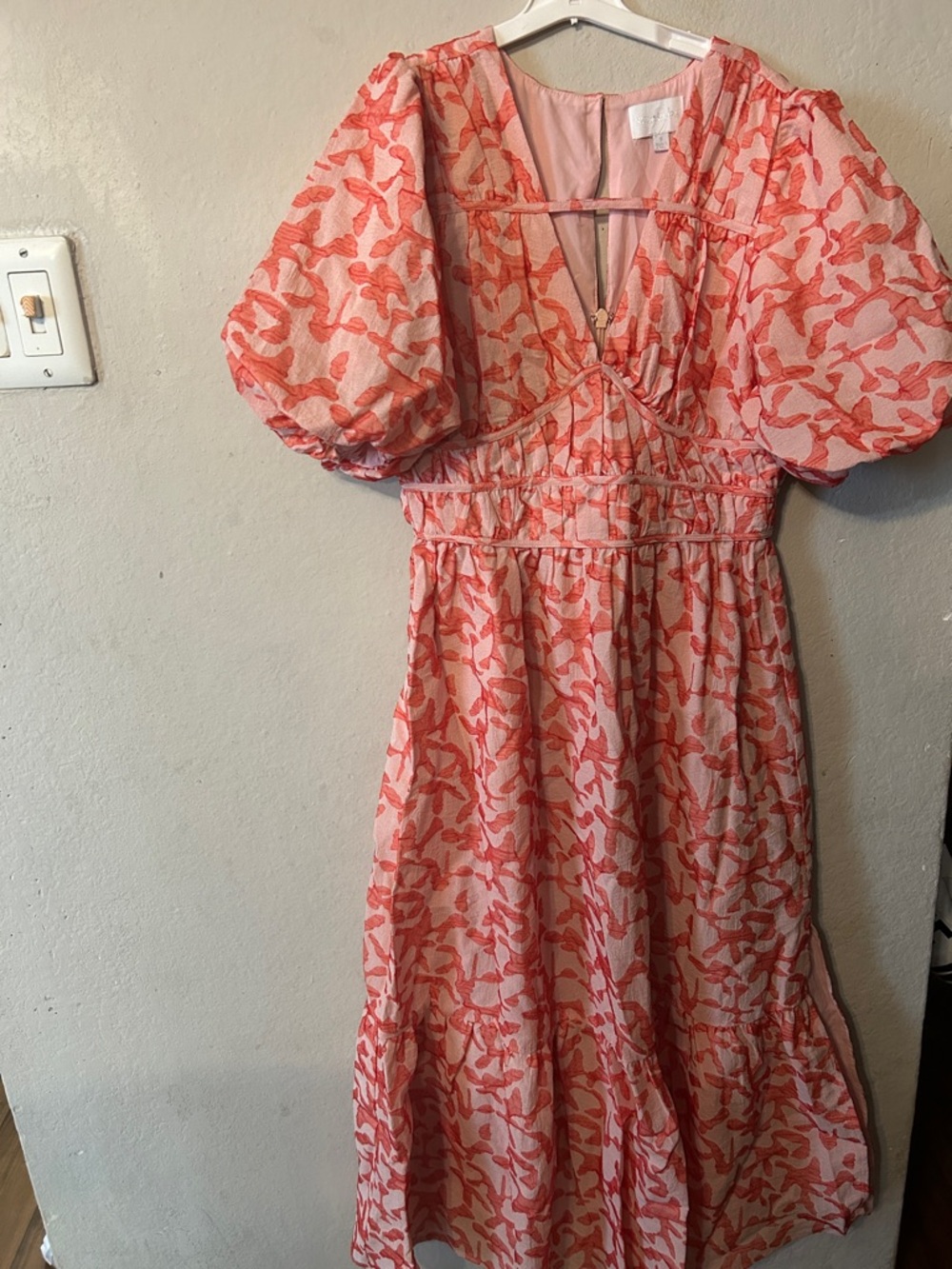 Pink Coral Printed Puff-Sleeve Midi Dress